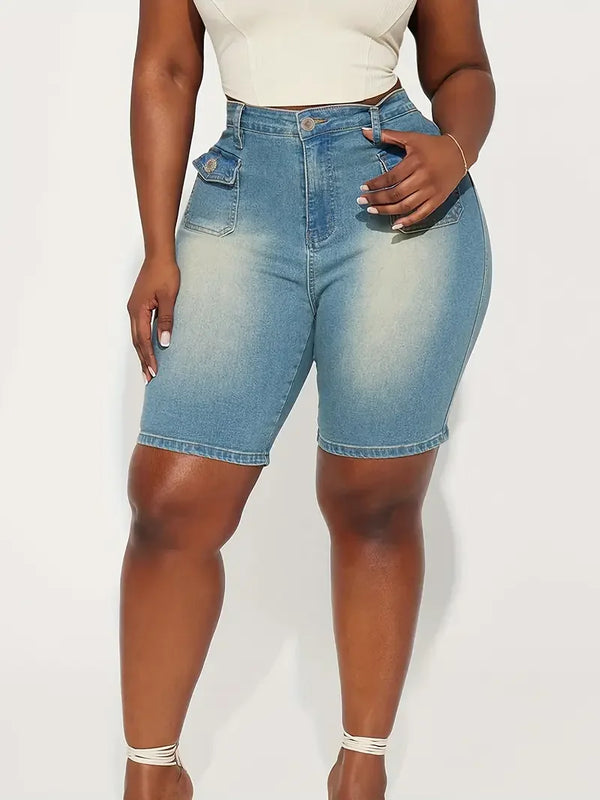 Vintage High Waisted Plus Size Denim Shorts for Women Washed Slim Fit Body Shaping Summer Casual Style