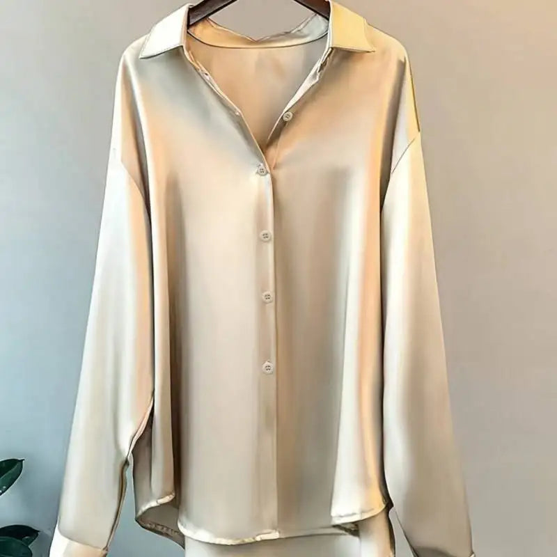 Plus Size Office Blouse Women - Elegant Silk Acetate Button Down Shirt | Autumn Long Sleeve Work Top