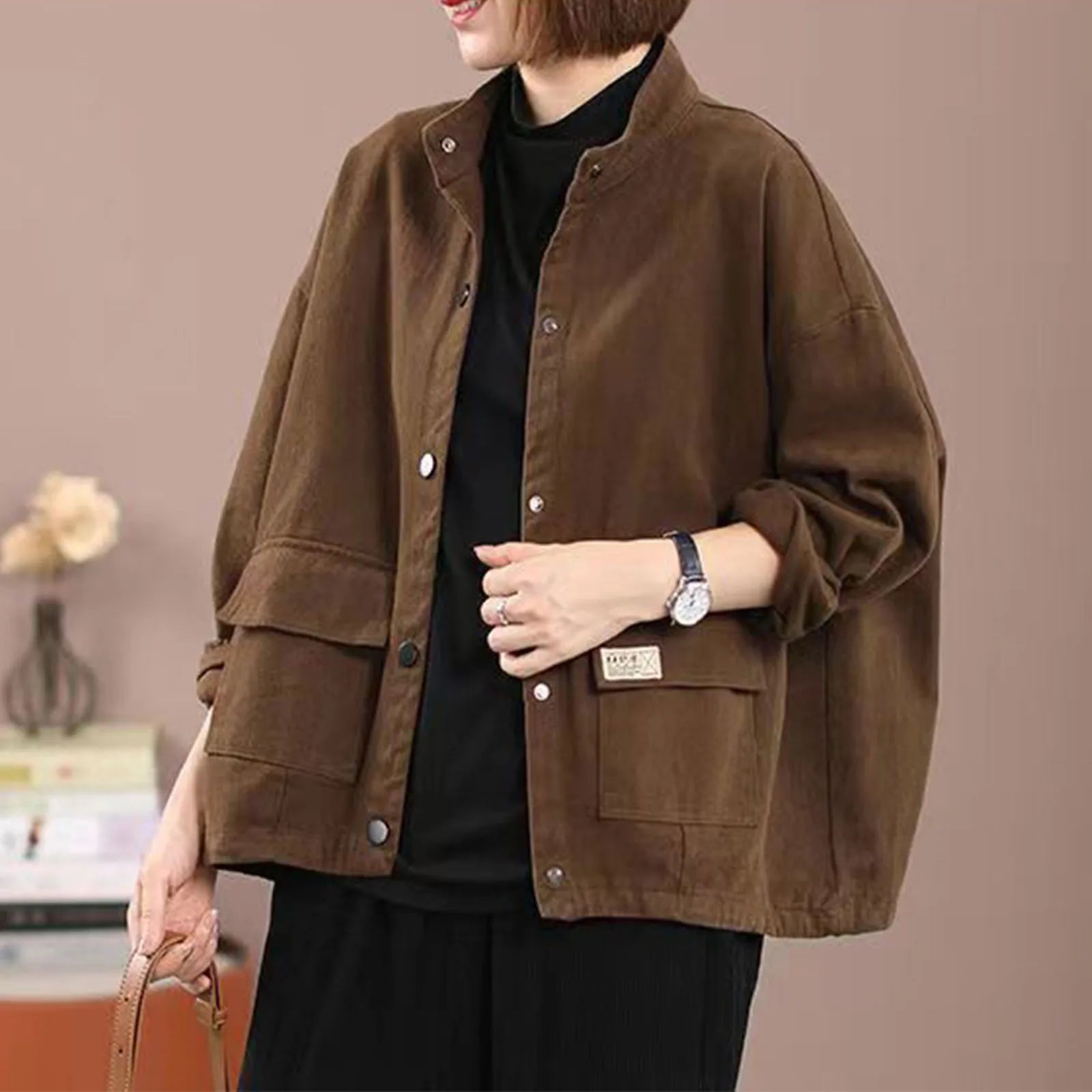 Vintage Brown Lapel Women's Jacket With Pocket Casual Loose Single Breasted Long Sleeve Coat Chic Lady High Street Commute Coats