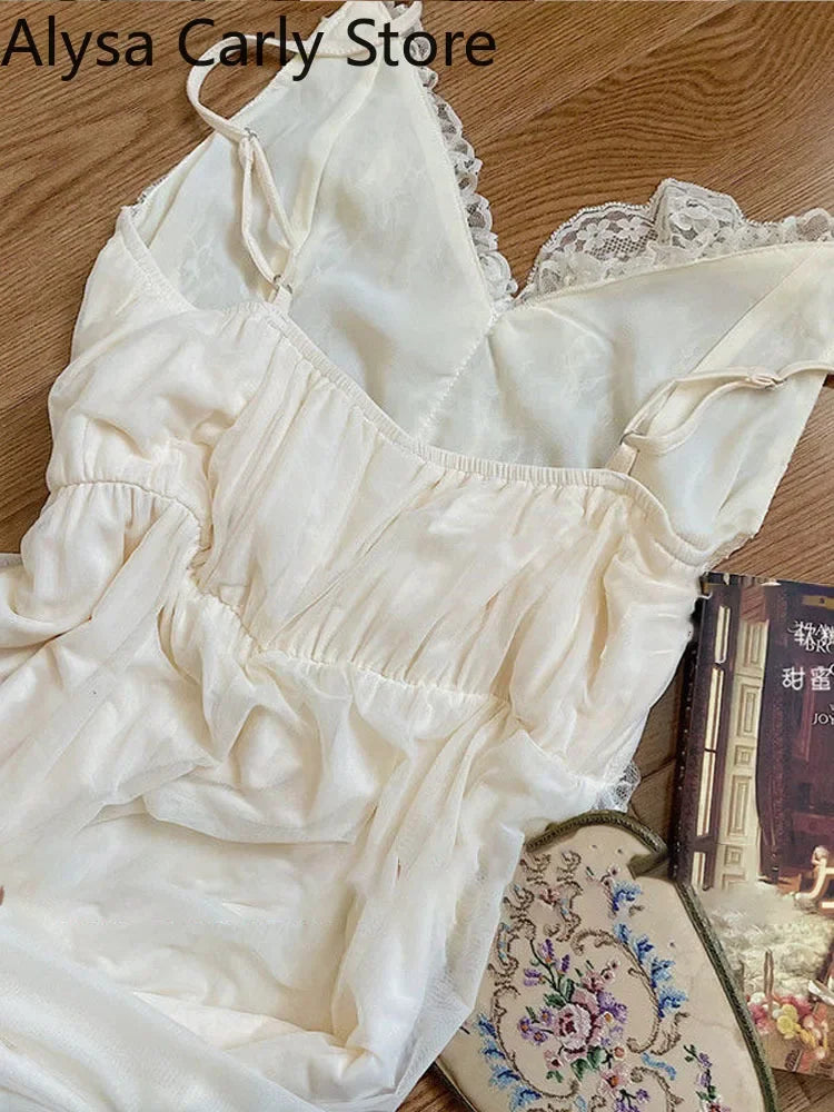 French Sweet Vintage Fairy Dress Women 2022 Autumn Lace Sexy Casual Korean Dress Female Court Chiffon Elegant Long Strap Dresses