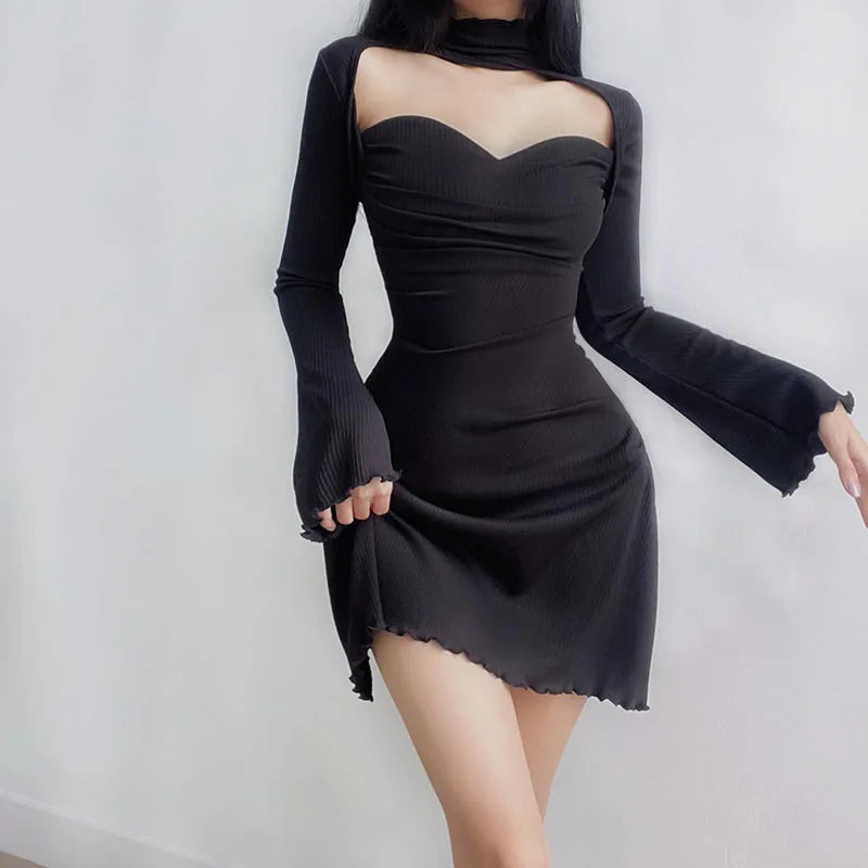 Black hollow mini skirt ribbed retro sexy A-line skirt full sleeve party evening dress women's dress