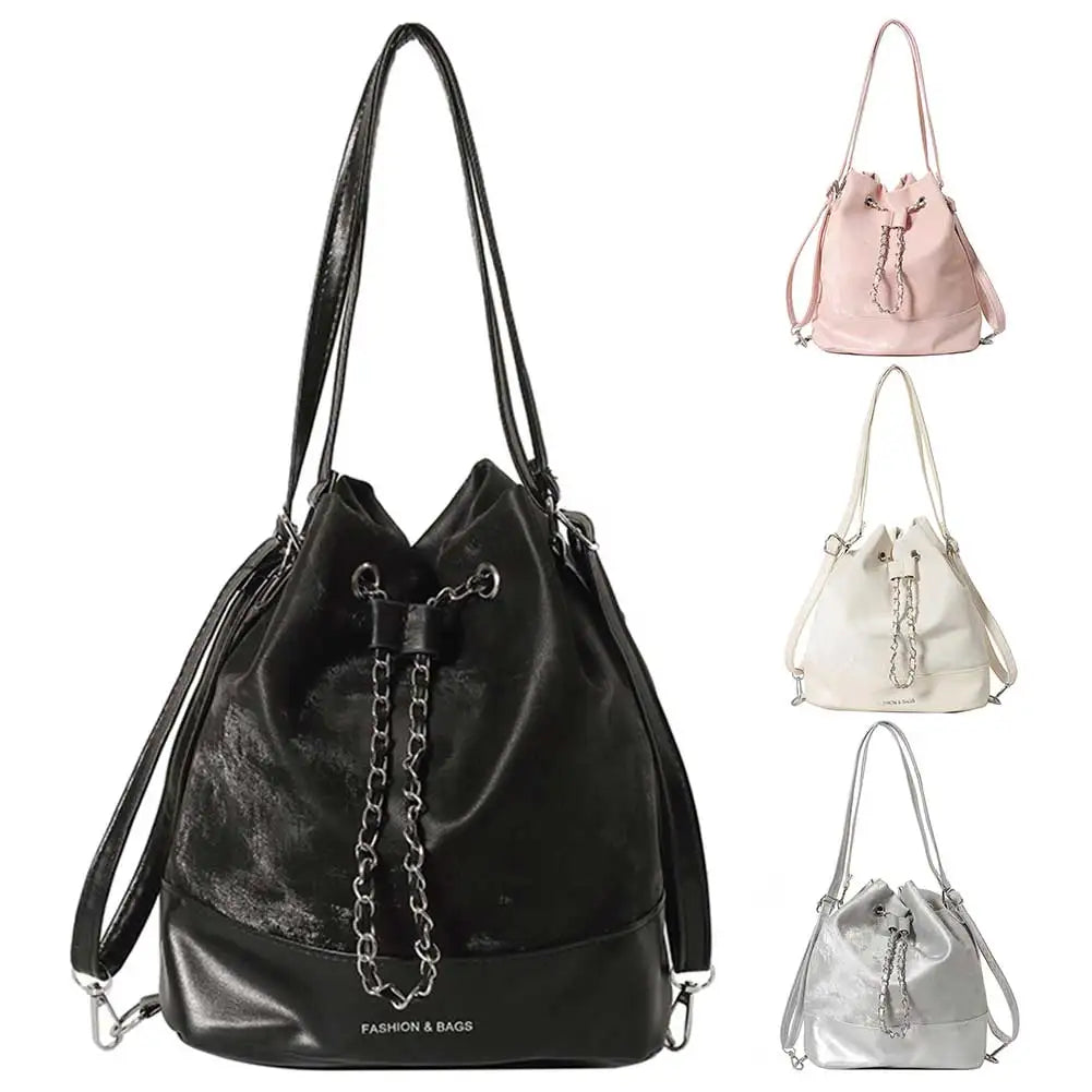 Women Simple Messenger Bag Large Capacity PU Drawstring Bucket Bag Chic Hobo Bag Solid Color Adjustable Strap for Outdoor Travel