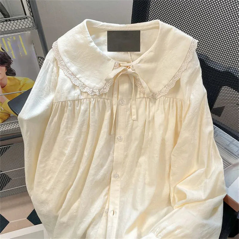 Japanese Style Cute Peter Pan Collar Shirt Women Sweet Lace Spliced Long Sleeved Blouses Woman All-Match Loose Buttons Shirts