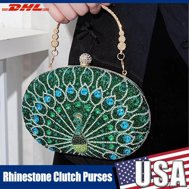 Rhinestone Clutch Purses for Women Evening Wedding Formal Party Prom Round Pearl Clasp Handbag Lady Crystal Diamond Shoulder Bag