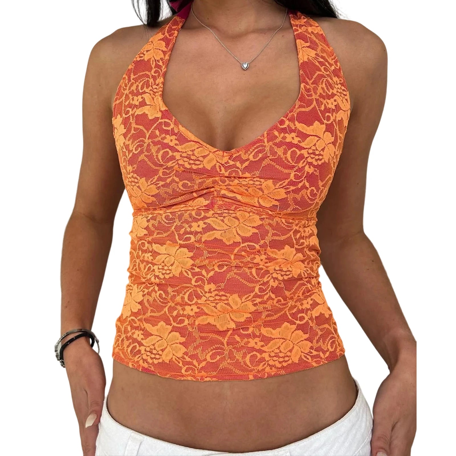 Elegant Lace Halter Top with Deep V-Neck and Backless Design Sleeveless  Fit Vest for Women s Streetwear Fashion