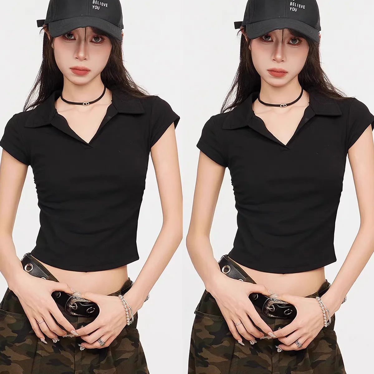 Cotton Summer Sexy Women's T Shirt Skinny Slim Basic Solid Crop Top Short Sleeve Polo TShirtCasual Top Tee for Women