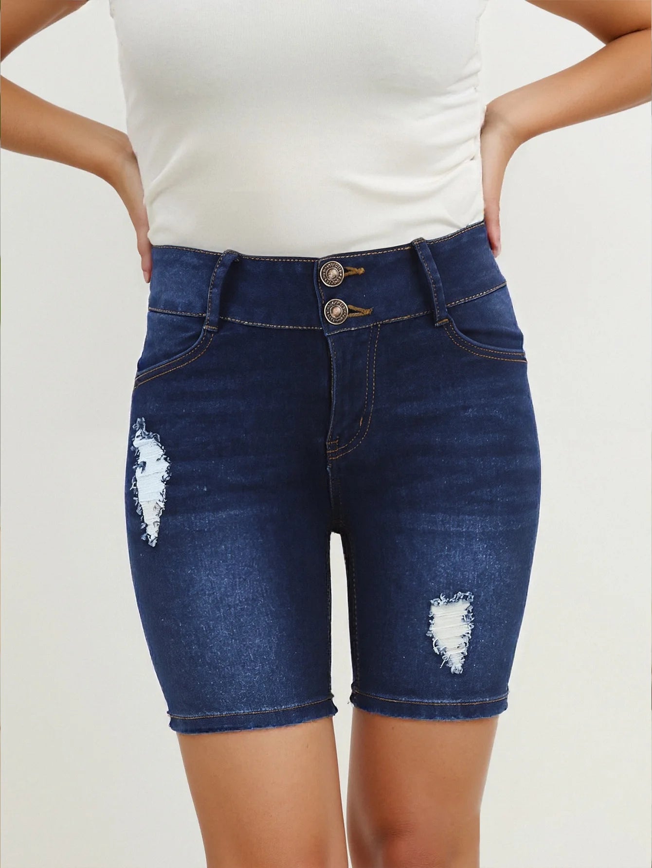 Women's Classic Medium-Wash Blue Versatile Denim Shorts - Stretchy Comfort, High-Waisted Fit, Perfect for Daily Casual Wear