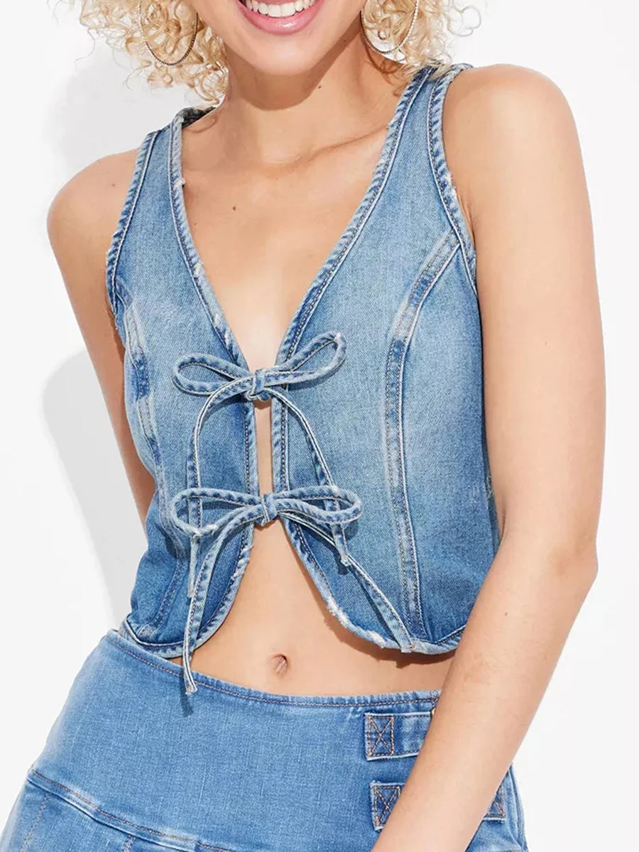 Sleeveless Denim Vest with Tie-up Front and Frayed Hem Women s Summer Jean Jacket Tank Top Casual Outerwear