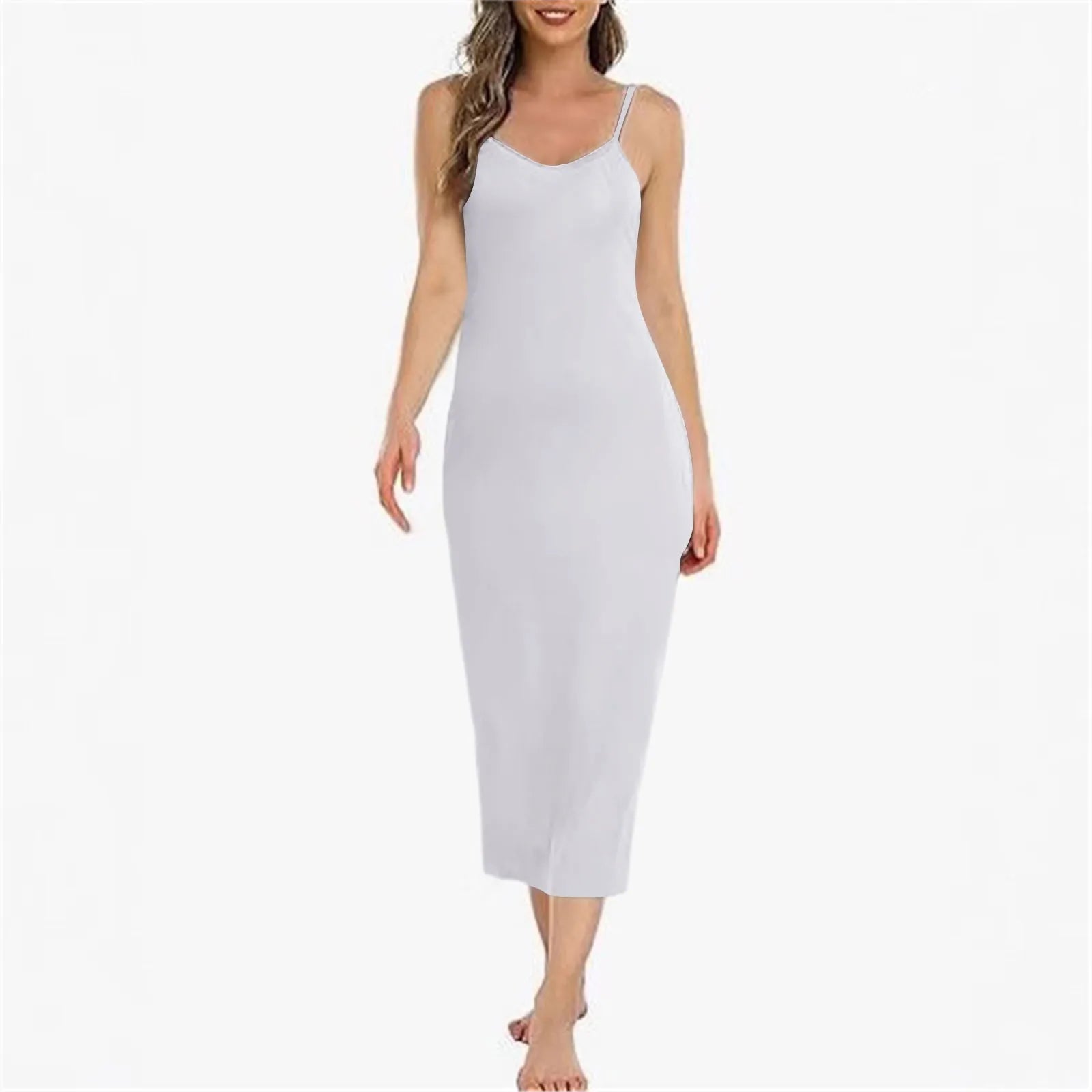 Women Long Slip Dress Basic Adjustable Spaghetti Straps Cami Slip Dress Soft V Neck Nightgown Under Dresses Elegant Women'S