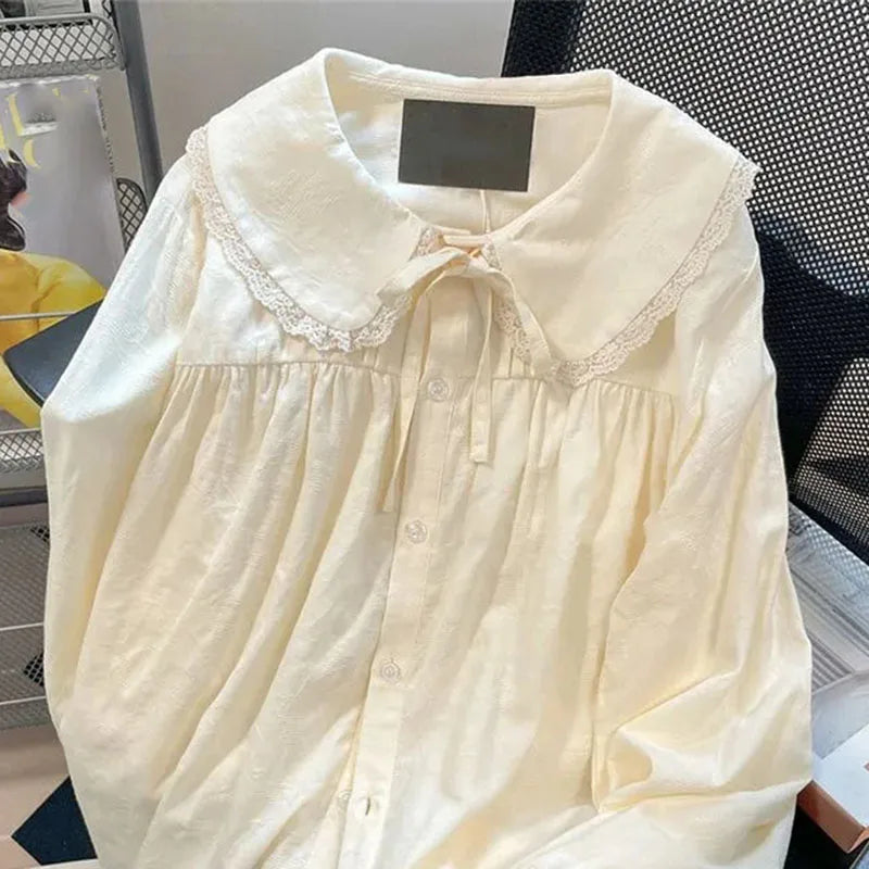 Japanese Style Cute Peter Pan Collar Shirt Women Sweet Lace Spliced Long Sleeved Blouses Woman All-Match Loose Buttons Shirts