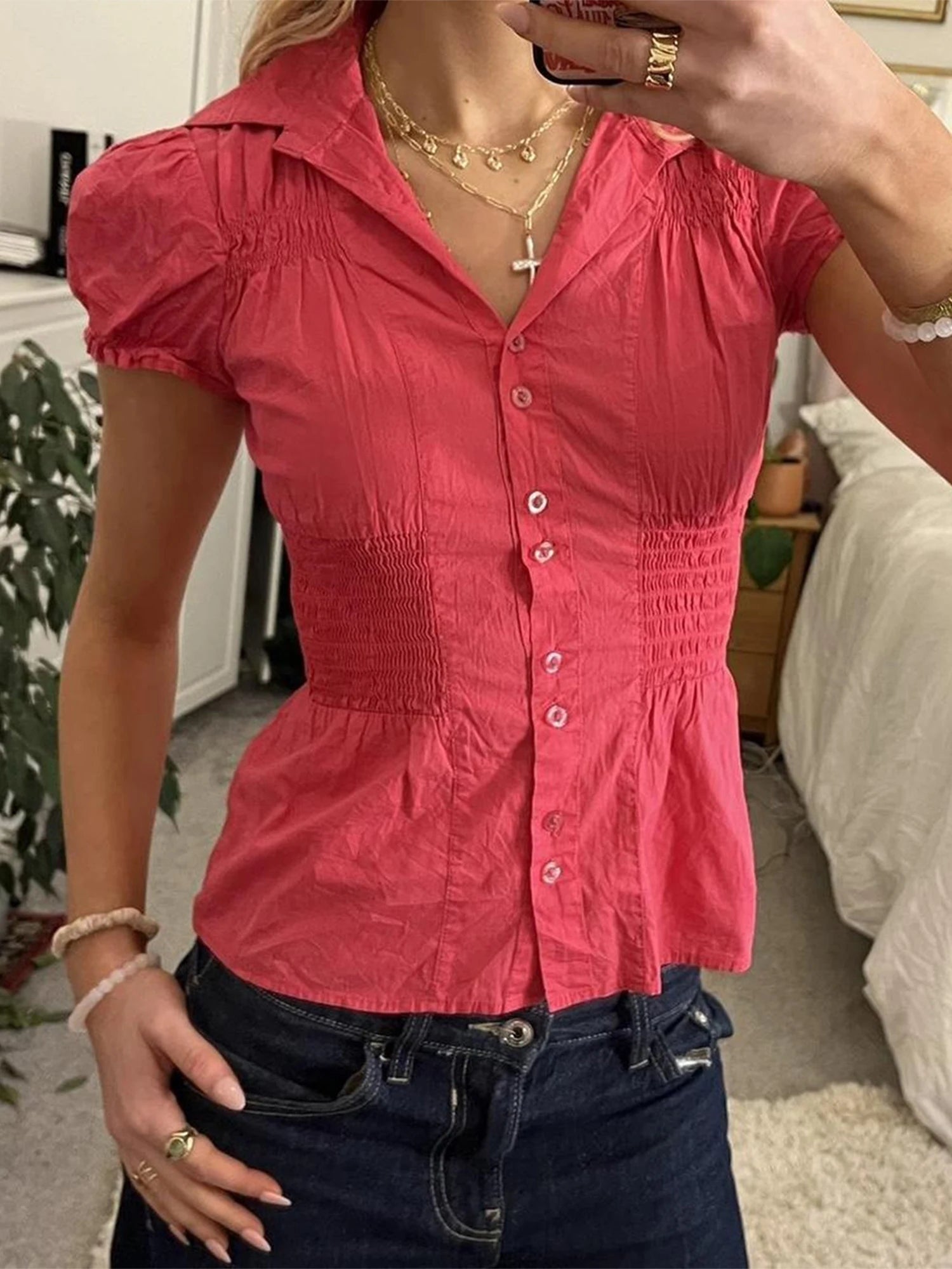 Ladies Stylish Short Sleeve Tee Shirt with Button Detail in Solid Color for Casual Streetwear and Grunge Fashion Trends