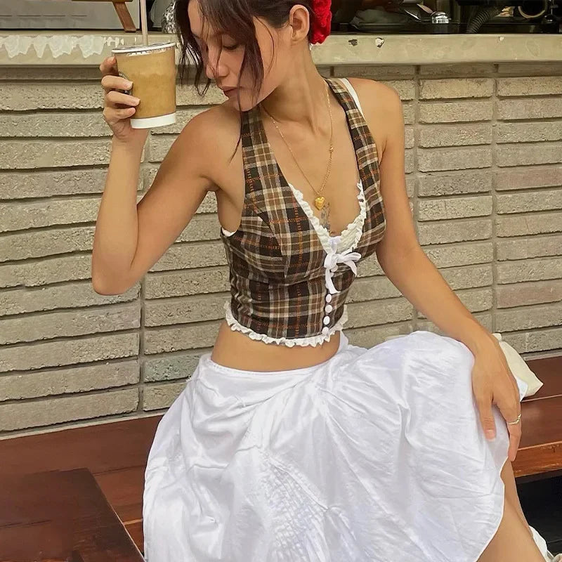 Candyhot Plaid Vintage Lace French Style Halter Crop Tops Retro Backless Sleeveless V-neck Slim Tops Casual Streetwear Camisole