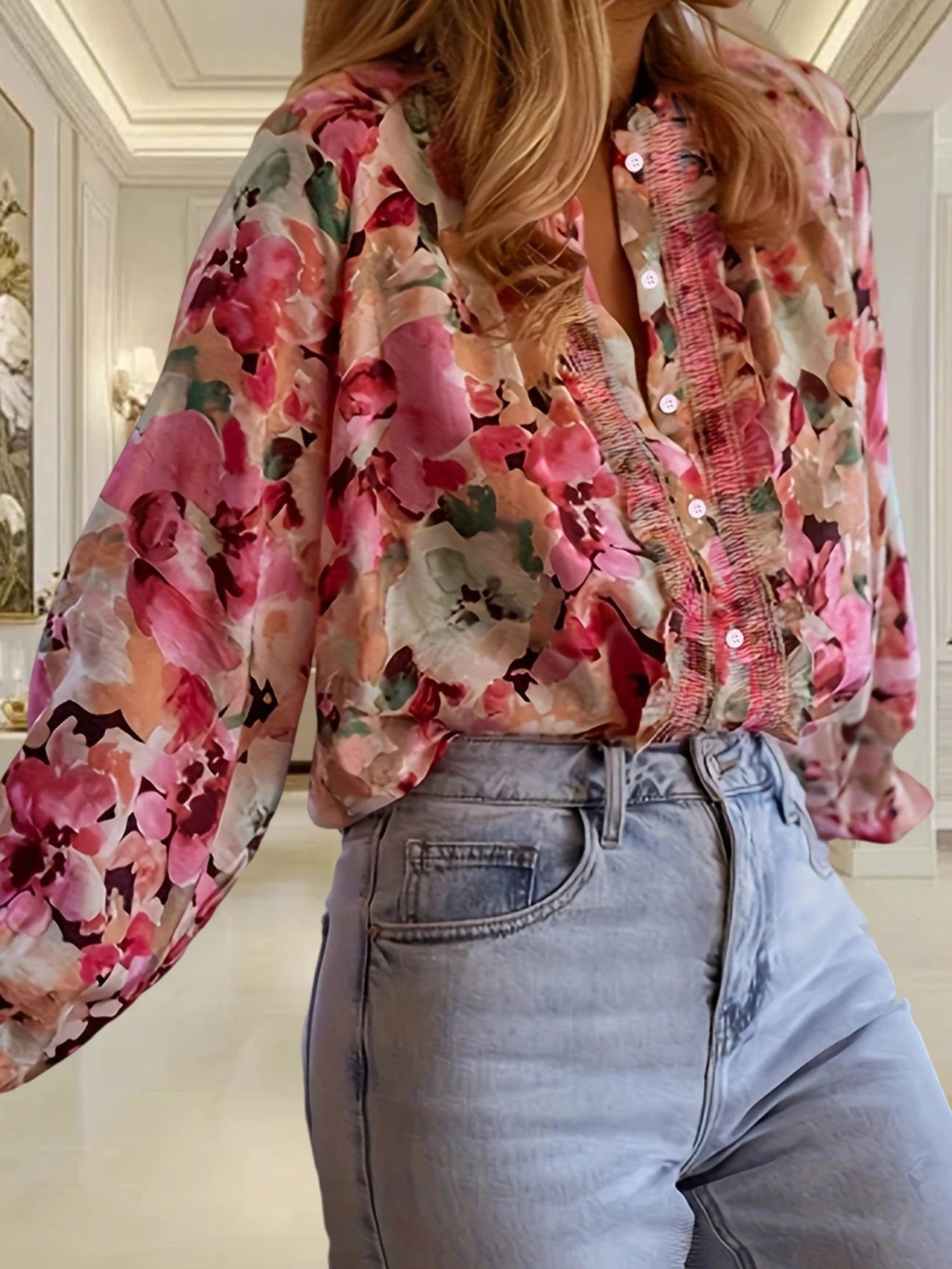 Women s Long Sleeve Round Neck Ruffle Trim Button Down Floral Blouse Loose Casual Top Streetwear Fashion Trend