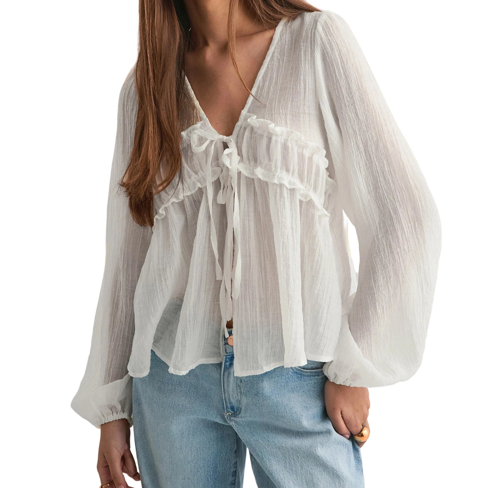 Women s Ruffle Blouses Long Sleeve V Neck Tie-up Front Loose Fit Tops Spring Crincle Shirts Elegant Fashion Style