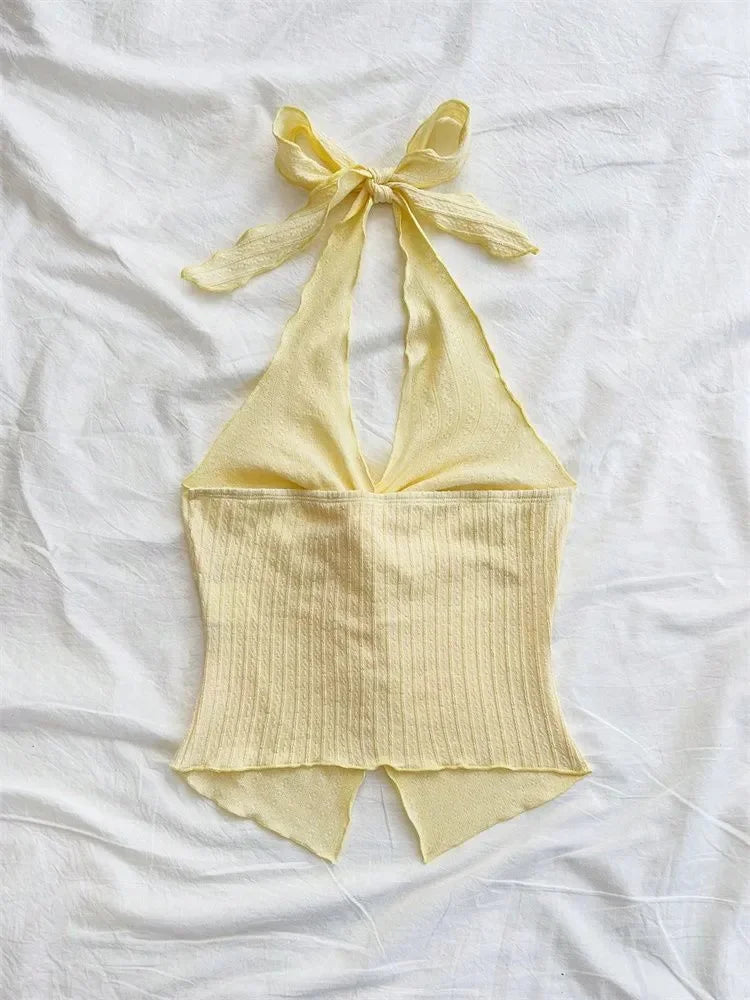 Yellow V-neck Halter Neck Top for Women Summer Y2K Clothes Sexy Sleeveless Backless Crop Top Streetwear