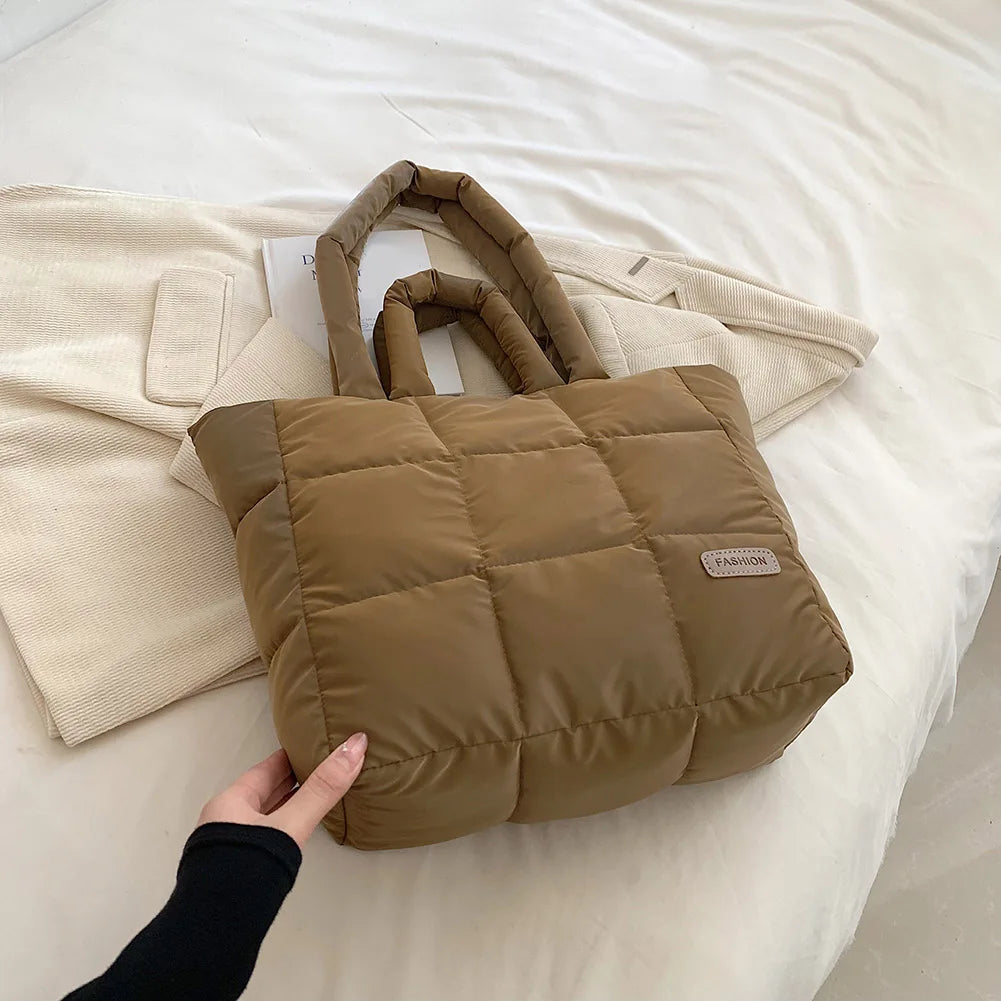 Women Checkered Quilted Handbag Solid Color Puffer Hand Carry Bag Large Capacity Casual Ladies Girls Trendy Bag