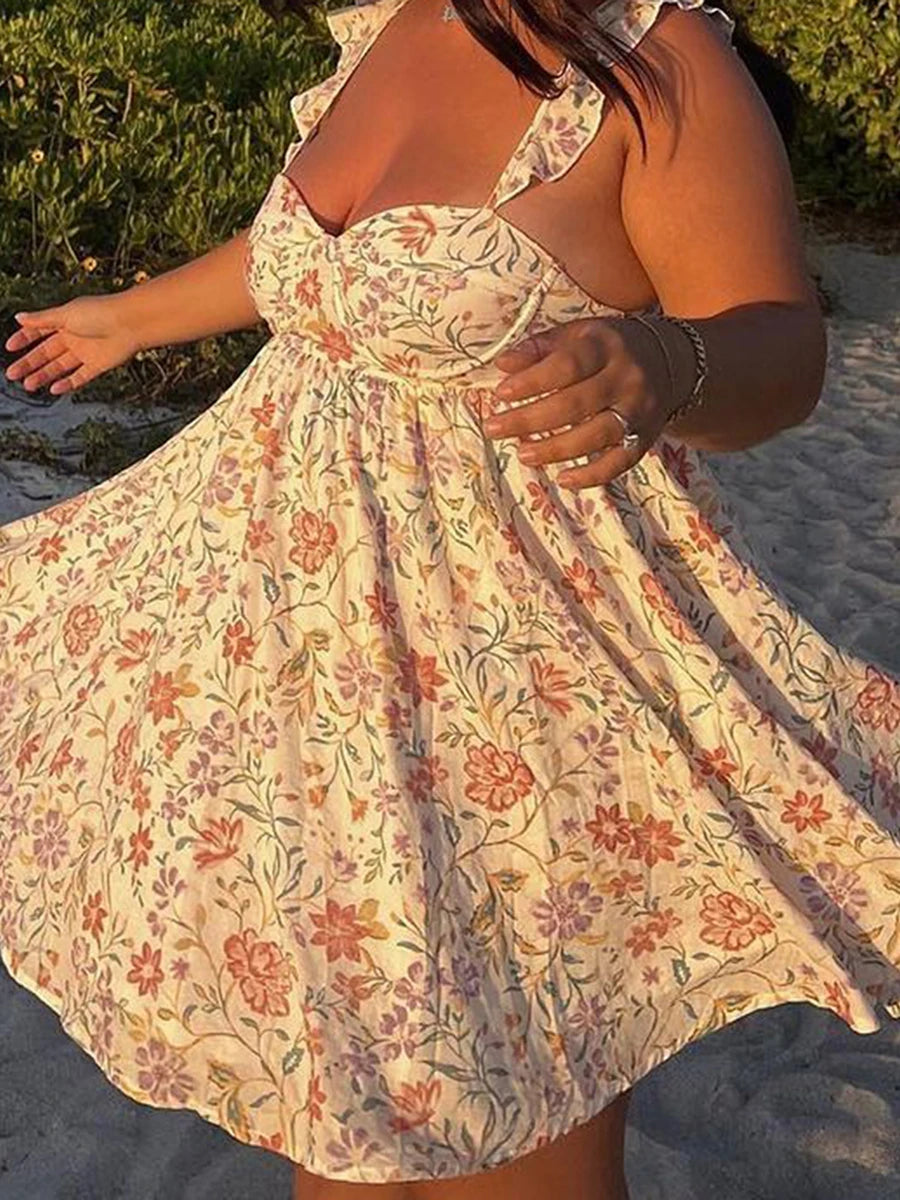 Women V-Neck Maxi Dress Sleeveless Ruffle Floral Print Boho Beach Dress Summer Casual Long Dress with Pockets