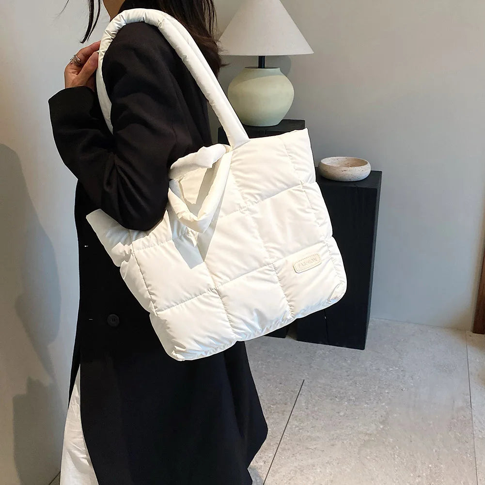 Women Checkered Quilted Handbag Solid Color Puffer Hand Carry Bag Large Capacity Casual Ladies Girls Trendy Bag
