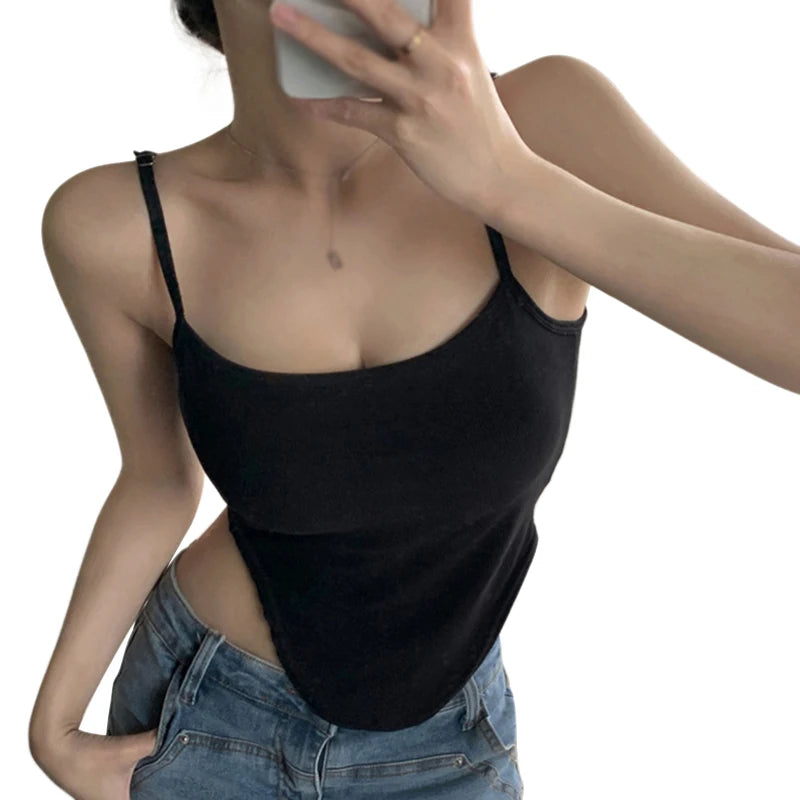 Women's Sleeveless Tank Top Slim Fit Camisole Sexy Short Top Spaghetti Thin Straps Vest Summer Irregular Korean Crop Top