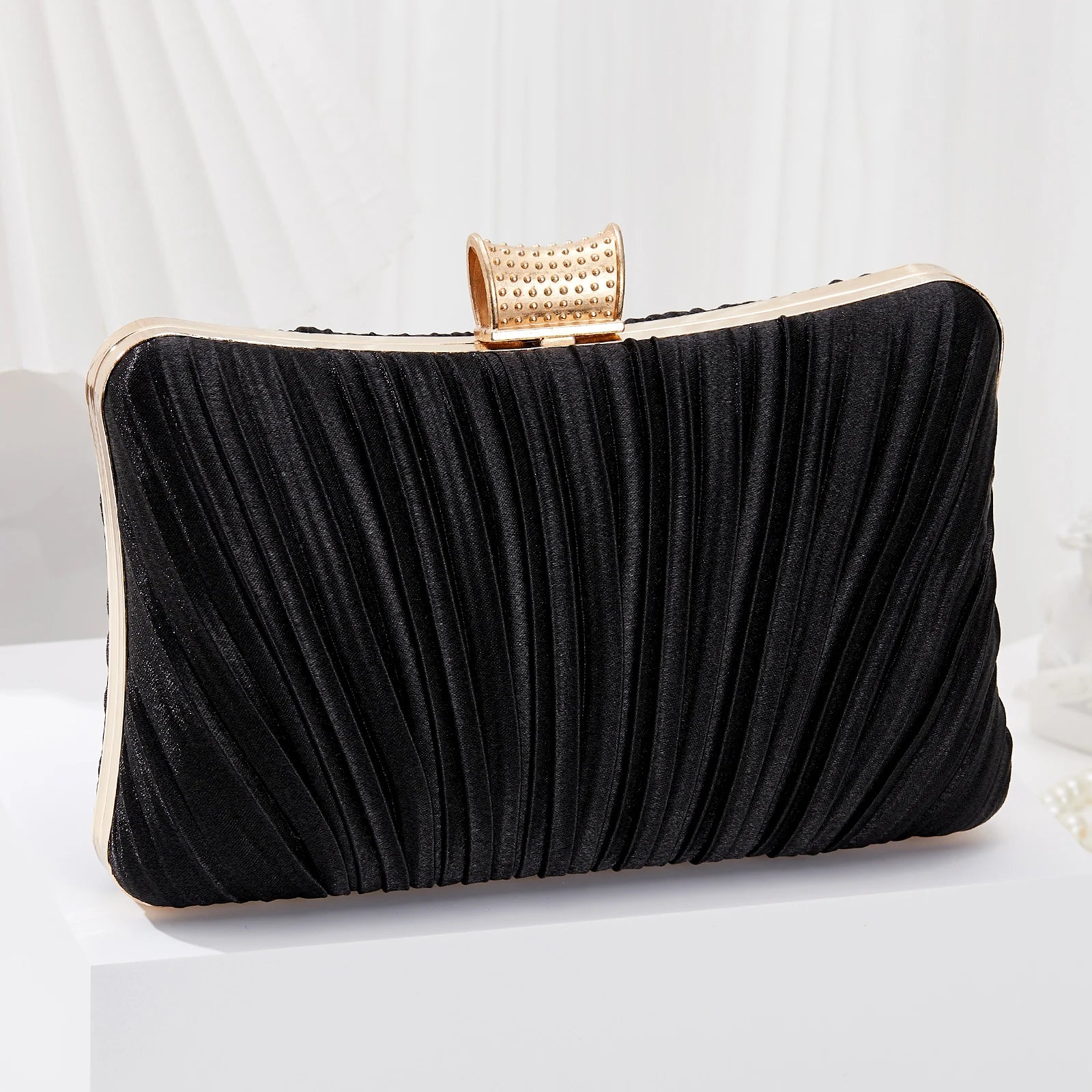 Classic Elegant Ladies Pleated Evening Clutch Bag Bling Rhinestone Buckle Formal Party Purse For Women Wedding Dinner Handbag