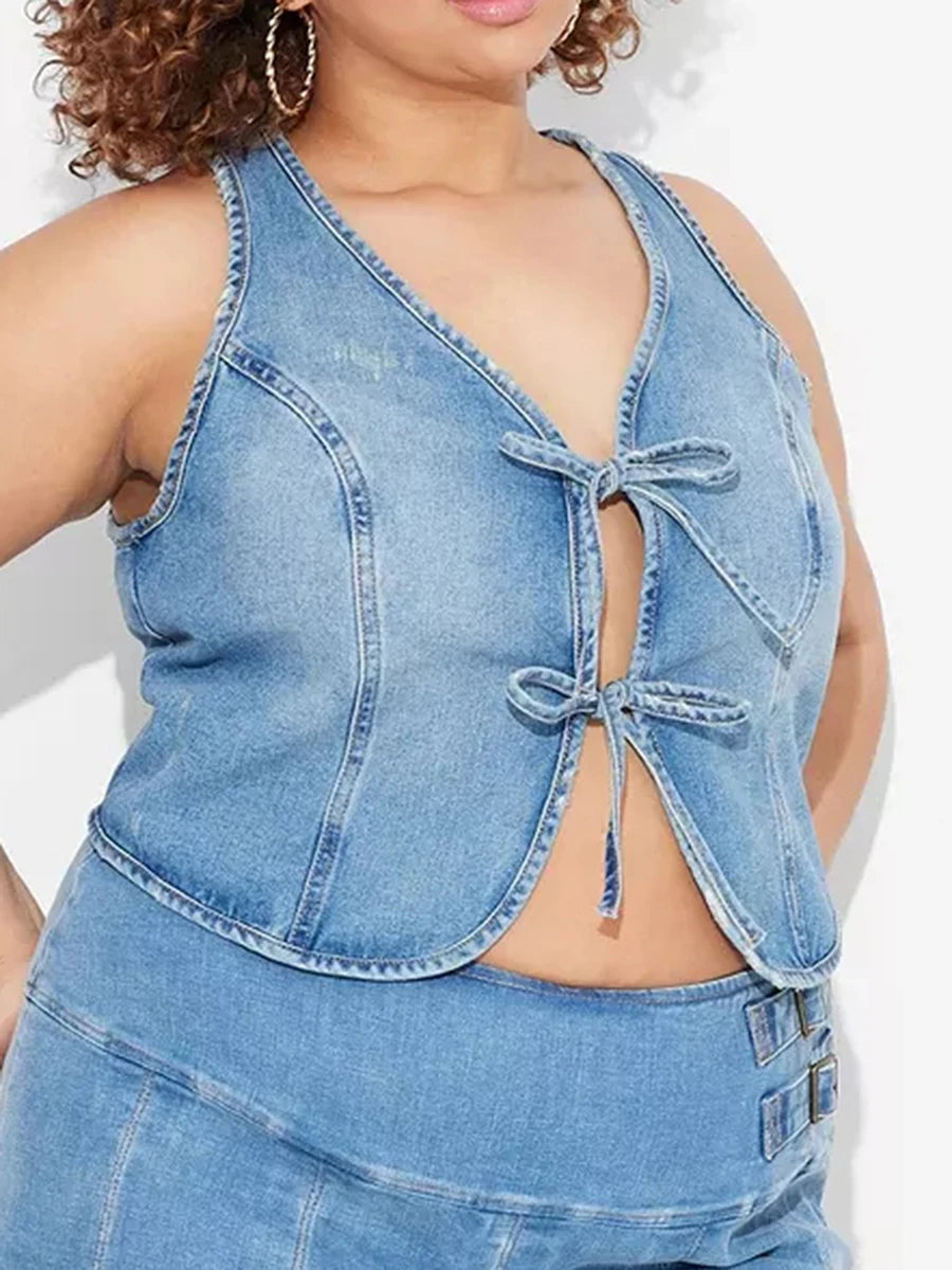 Sleeveless Denim Vest with Tie-up Front and Frayed Hem Women s Summer Jean Jacket Tank Top Casual Outerwear