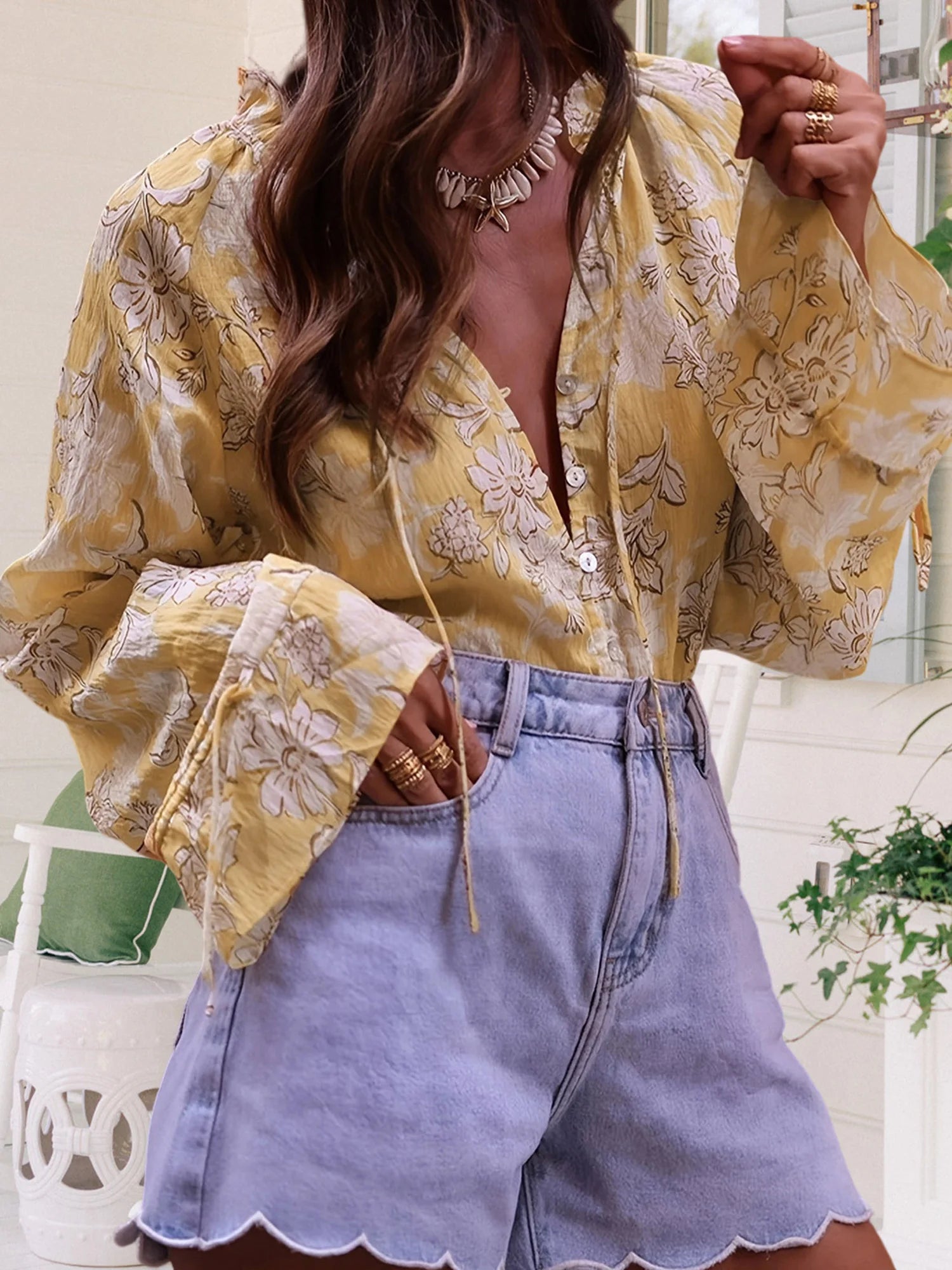 Women s Fashion Boho Floral Print Blouse V Neck Button Down Long Sleeve Tie Front Casual Shirt Top