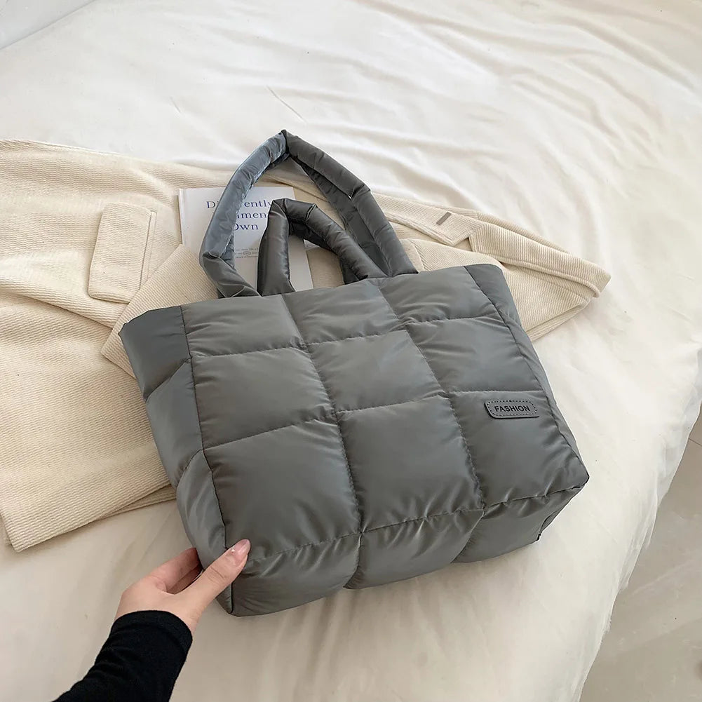 Women Checkered Quilted Handbag Solid Color Puffer Hand Carry Bag Large Capacity Casual Ladies Girls Trendy Bag