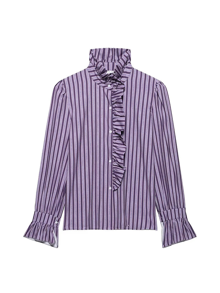 Ruffles Women Sweet Shirts 2025 Fashion Ladies Casual Purple Striped Blouses for Party Female Chic Tops Girls Cute Clothes