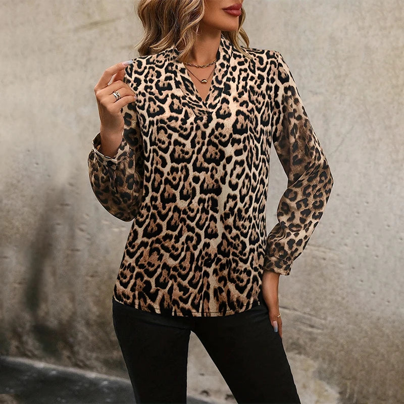 Satin Leopard Print Spring Button Up like Silk Shirt Vintage Blouse Women Satin Tops Office Lady Elegant Long Sleeves Female