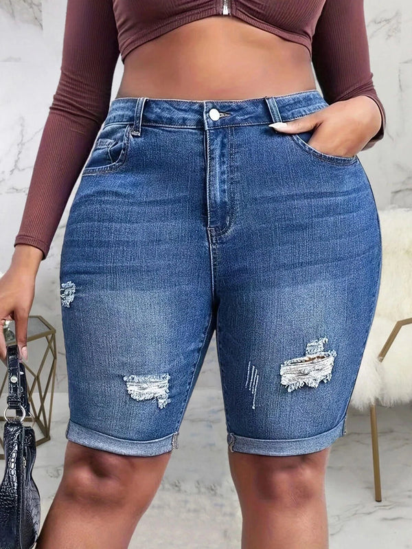 Women Ripped Skinny Denim Short High Waisted Folded Cuffed Hem Jeans Shorts Summer Stretchy Slim Jean Short Pant Archaic