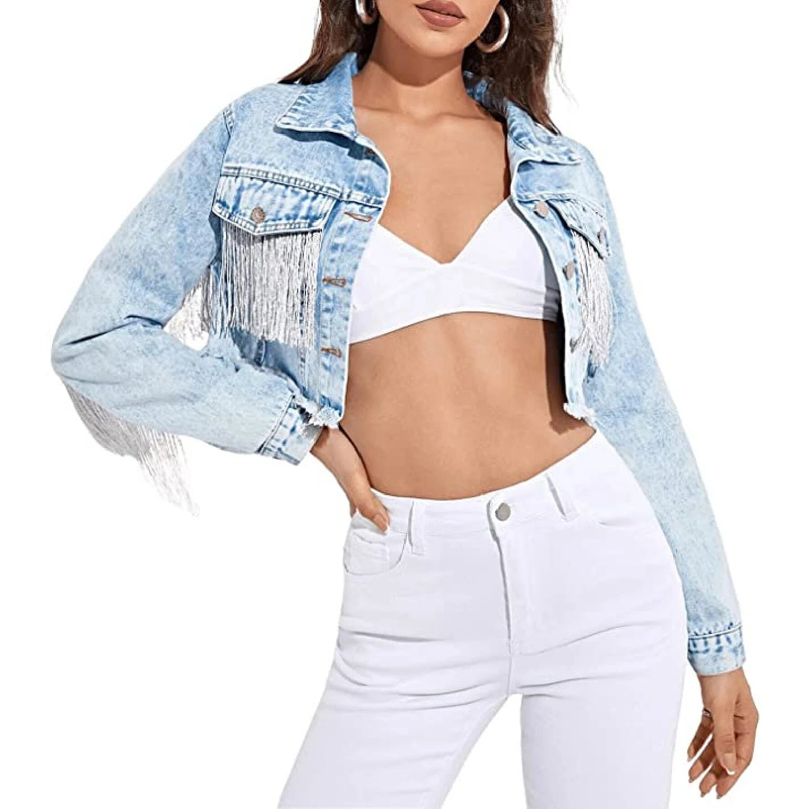 Women s Denim Jacket with Long Sleeves Turn-down Collar Button Closure and Tassel Detailing - Stylish Short Outwear for a