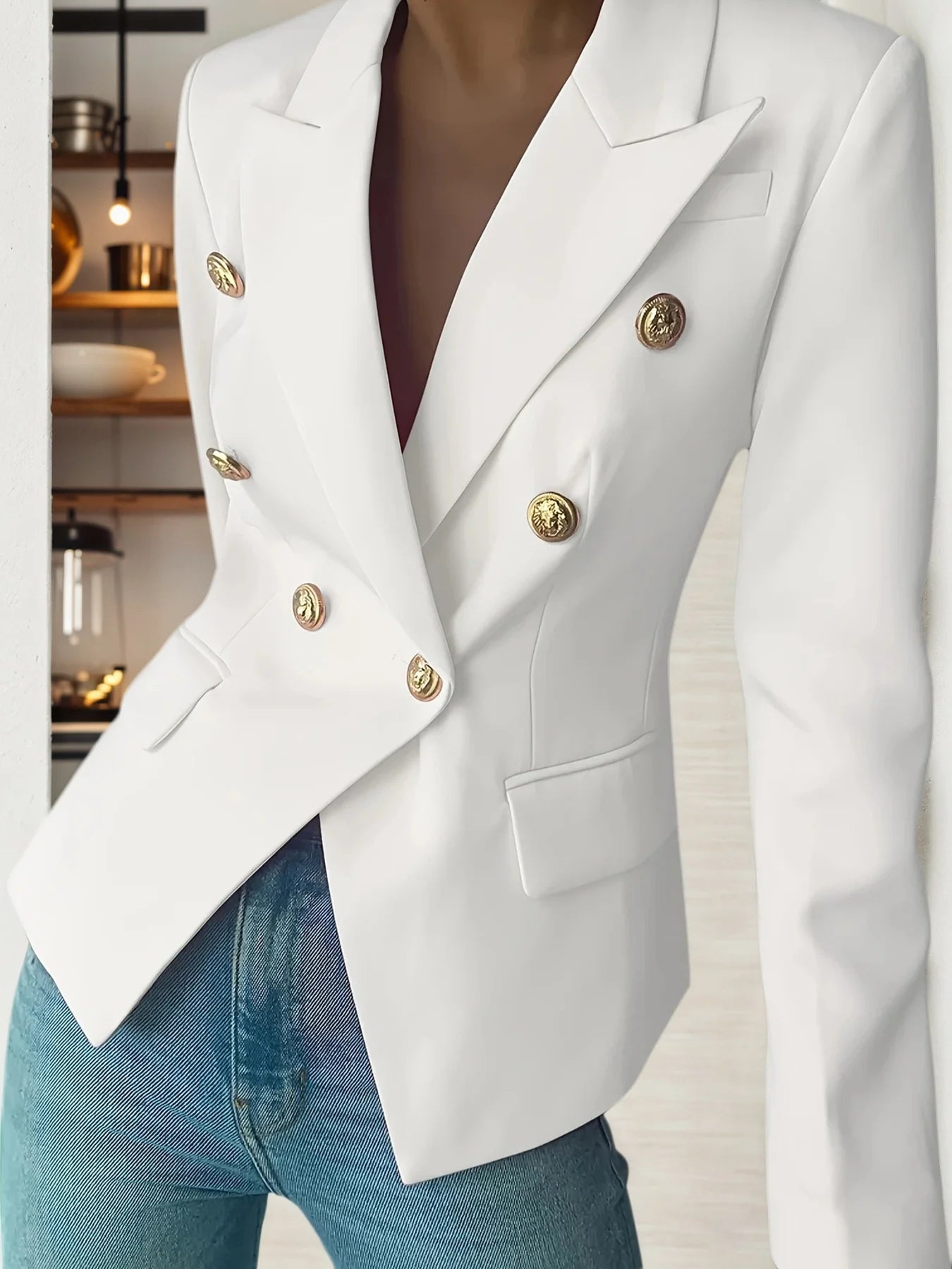 New Pure White Women's Elegant Double Breasted Lapel Long Sleeved Suit Jacket, High-Quality Classic Suit Jacket, Suitable for of