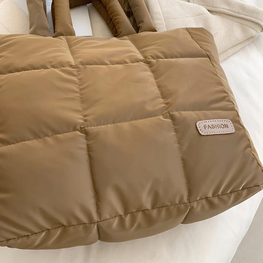 Women Checkered Quilted Handbag Solid Color Puffer Hand Carry Bag Large Capacity Casual Ladies Girls Trendy Bag