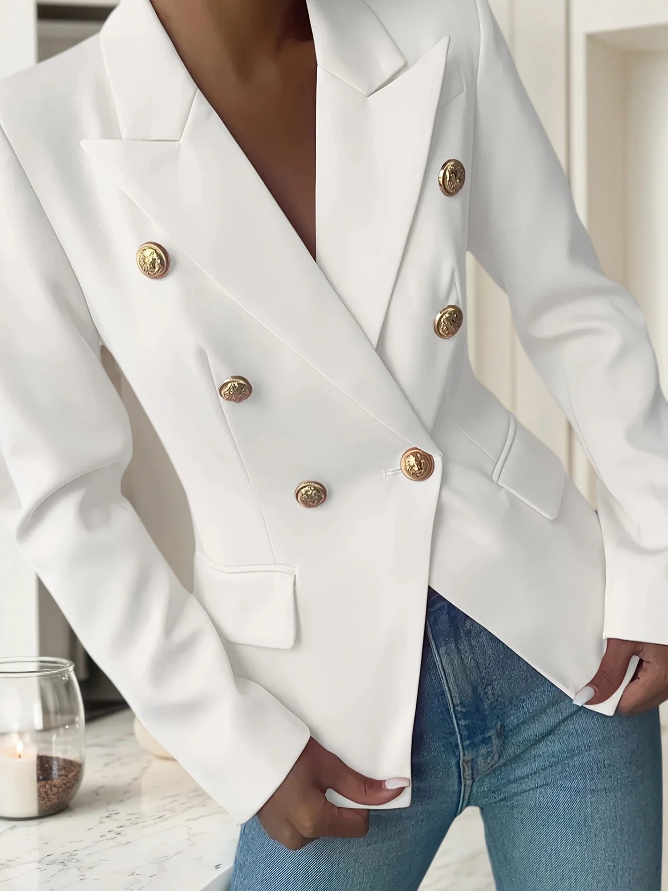 New Pure White Women's Elegant Double Breasted Lapel Long Sleeved Suit Jacket, High-Quality Classic Suit Jacket, Suitable for of