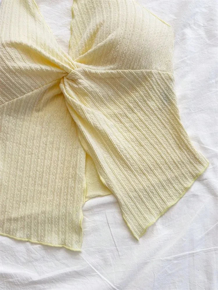 Yellow V-neck Halter Neck Top for Women Summer Y2K Clothes Sexy Sleeveless Backless Crop Top Streetwear