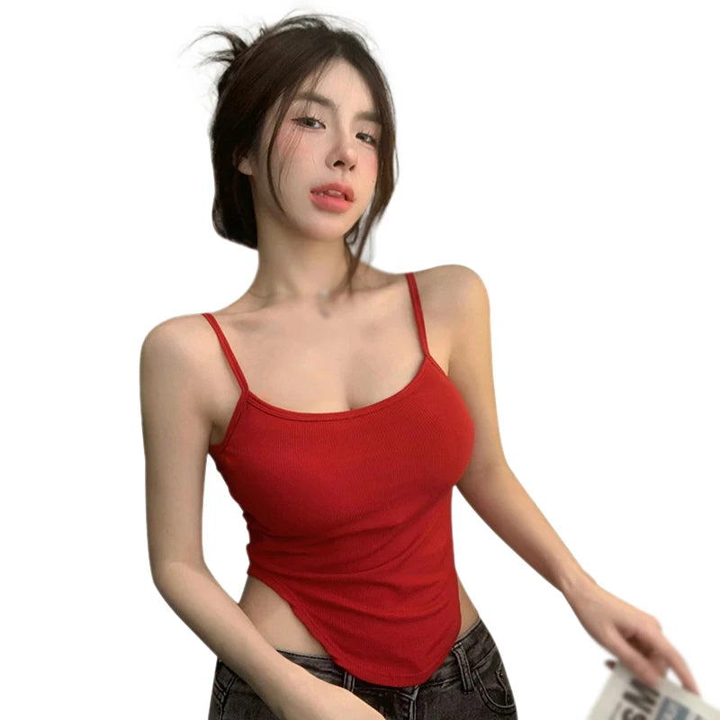 Women's Sleeveless Tank Top Slim Fit Camisole Sexy Short Top Spaghetti Thin Straps Vest Summer Irregular Korean Crop Top