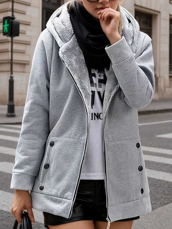 2025 New Solid Color Long-Sleeved Zippered Fleece Hooded Jacket for Women, Fashionable and Versatile Casual Velvet Jacket with P