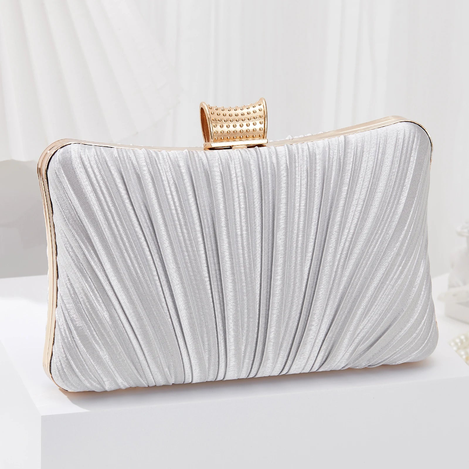 Classic Elegant Ladies Pleated Evening Clutch Bag Bling Rhinestone Buckle Formal Party Purse For Women Wedding Dinner Handbag