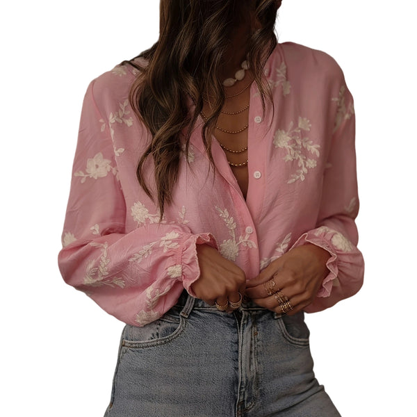 Women s Oversized Floral Print Button Up Shirt with Long Lantern Sleeves and Embroidered Appliques - Fall Fashion Blouse