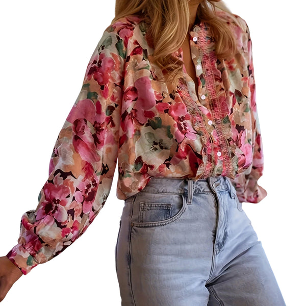 Women s Long Sleeve Round Neck Ruffle Trim Button Down Floral Blouse Loose Casual Top Streetwear Fashion Trend