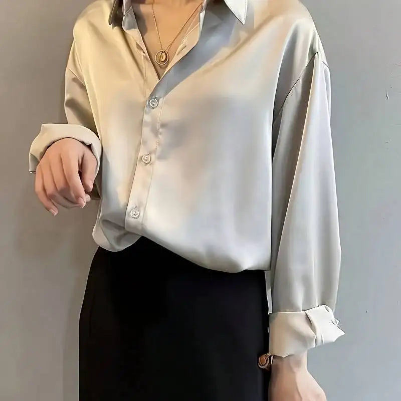 Plus Size Office Blouse Women - Elegant Silk Acetate Button Down Shirt | Autumn Long Sleeve Work Top