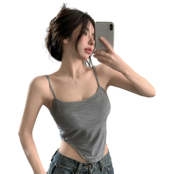 Women's Sleeveless Tank Top Slim Fit Camisole Sexy Short Top Spaghetti Thin Straps Vest Summer Irregular Korean Crop Top