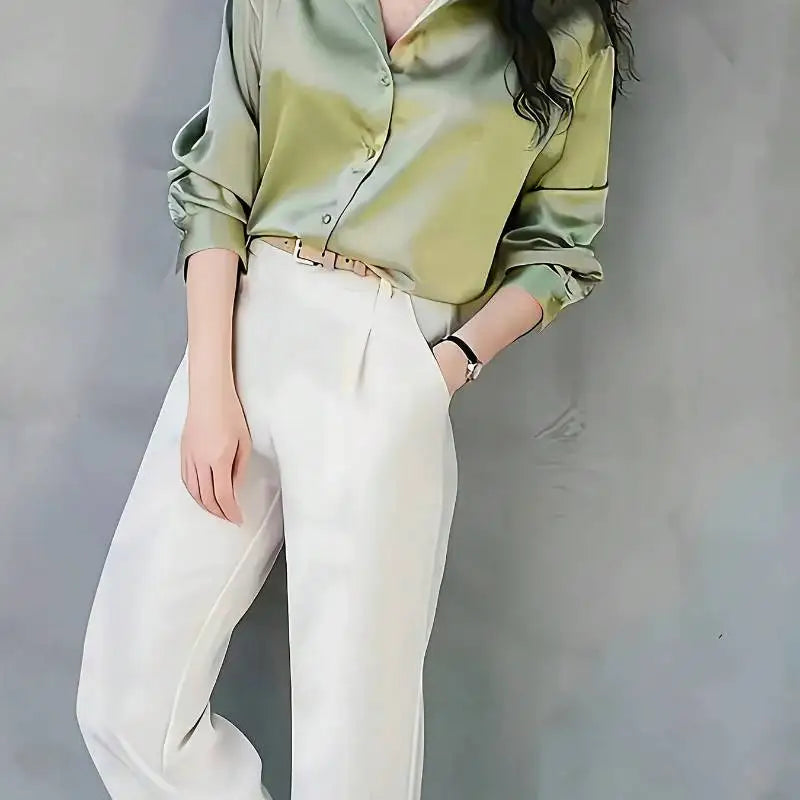 Plus Size Office Blouse Women - Elegant Silk Acetate Button Down Shirt | Autumn Long Sleeve Work Top