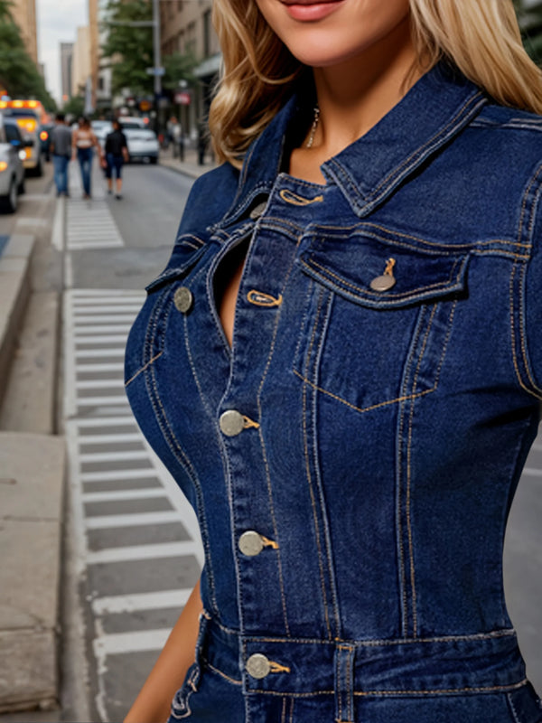 2025 New Women's Sexy Butt Lifting Cowboy Dress, Slim and Elegant Stretch One Step Skirt, Multi Pocket Button Design