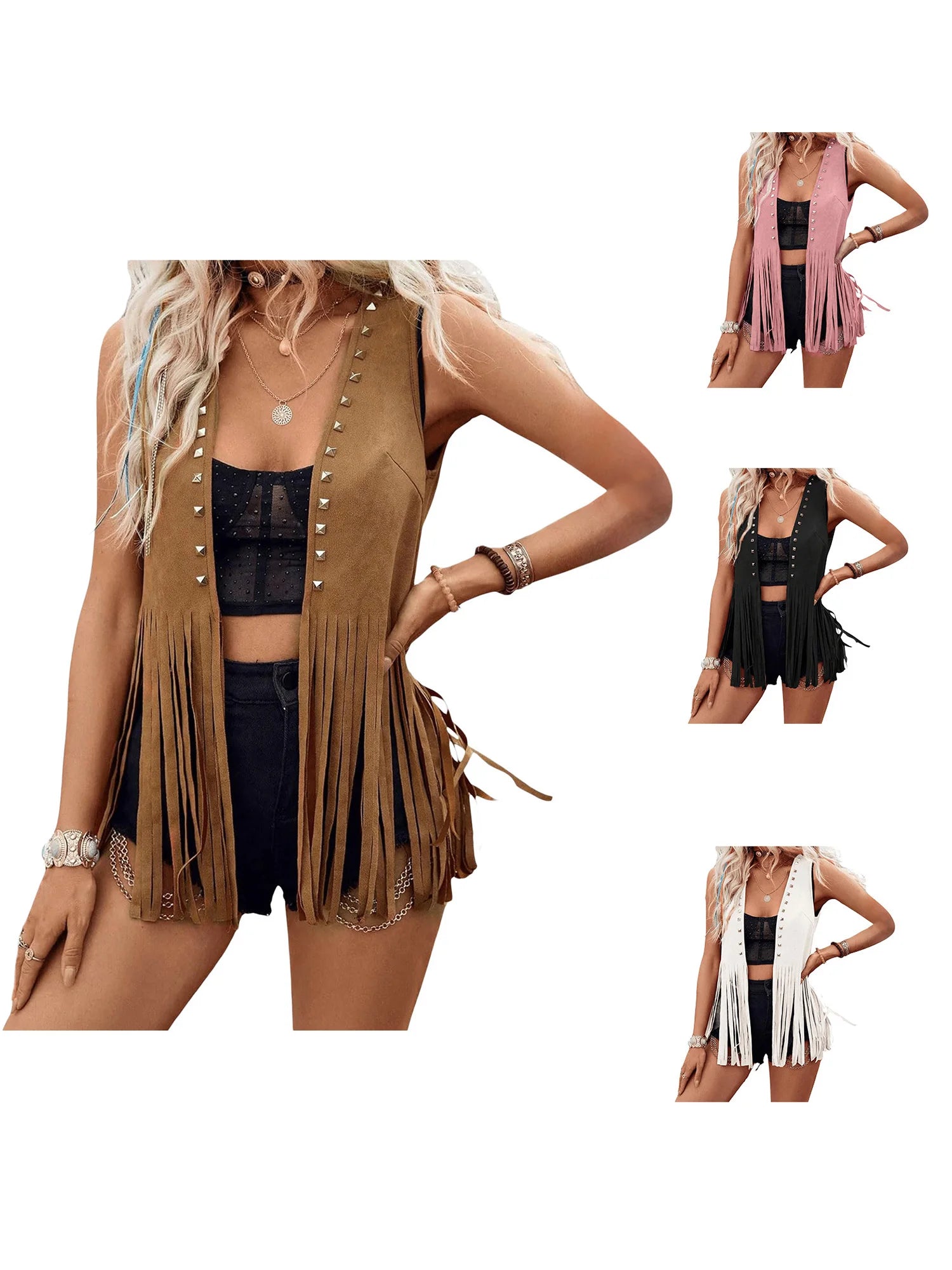 Women s Fringe Tassel Faux Suede Vest with Rivet Detailing and Open Front Sleeveless Jacket for Hippie Costumes