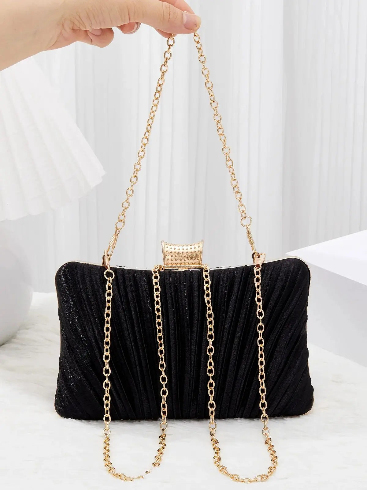 Classic Elegant Ladies Pleated Evening Clutch Bag Bling Rhinestone Buckle Formal Party Purse For Women Wedding Dinner Handbag