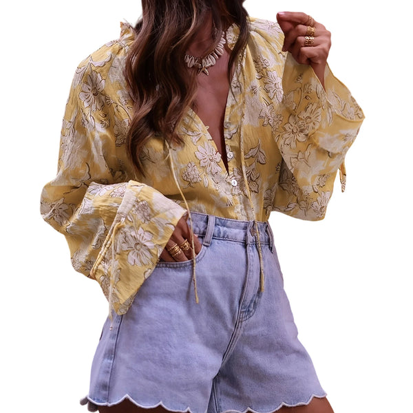 Women s Fashion Boho Floral Print Blouse V Neck Button Down Long Sleeve Tie Front Casual Shirt Top