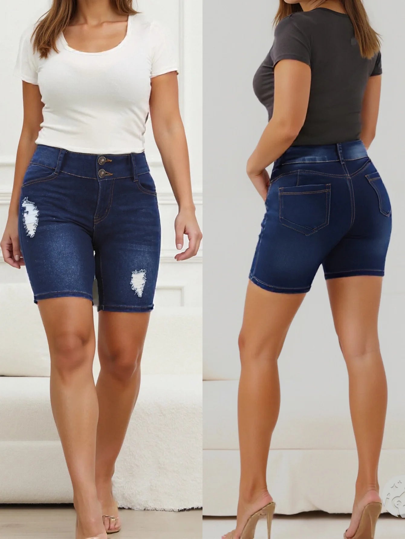 Women's Classic Medium-Wash Blue Versatile Denim Shorts - Stretchy Comfort, High-Waisted Fit, Perfect for Daily Casual Wear