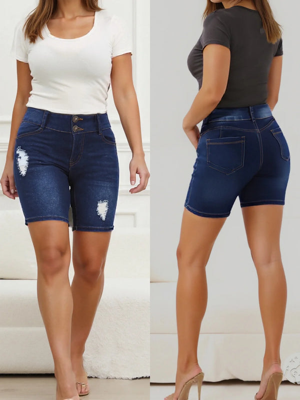 Women's Classic Medium-Wash Blue Versatile Denim Shorts - Stretchy Comfort, High-Waisted Fit, Perfect for Daily Casual Wear