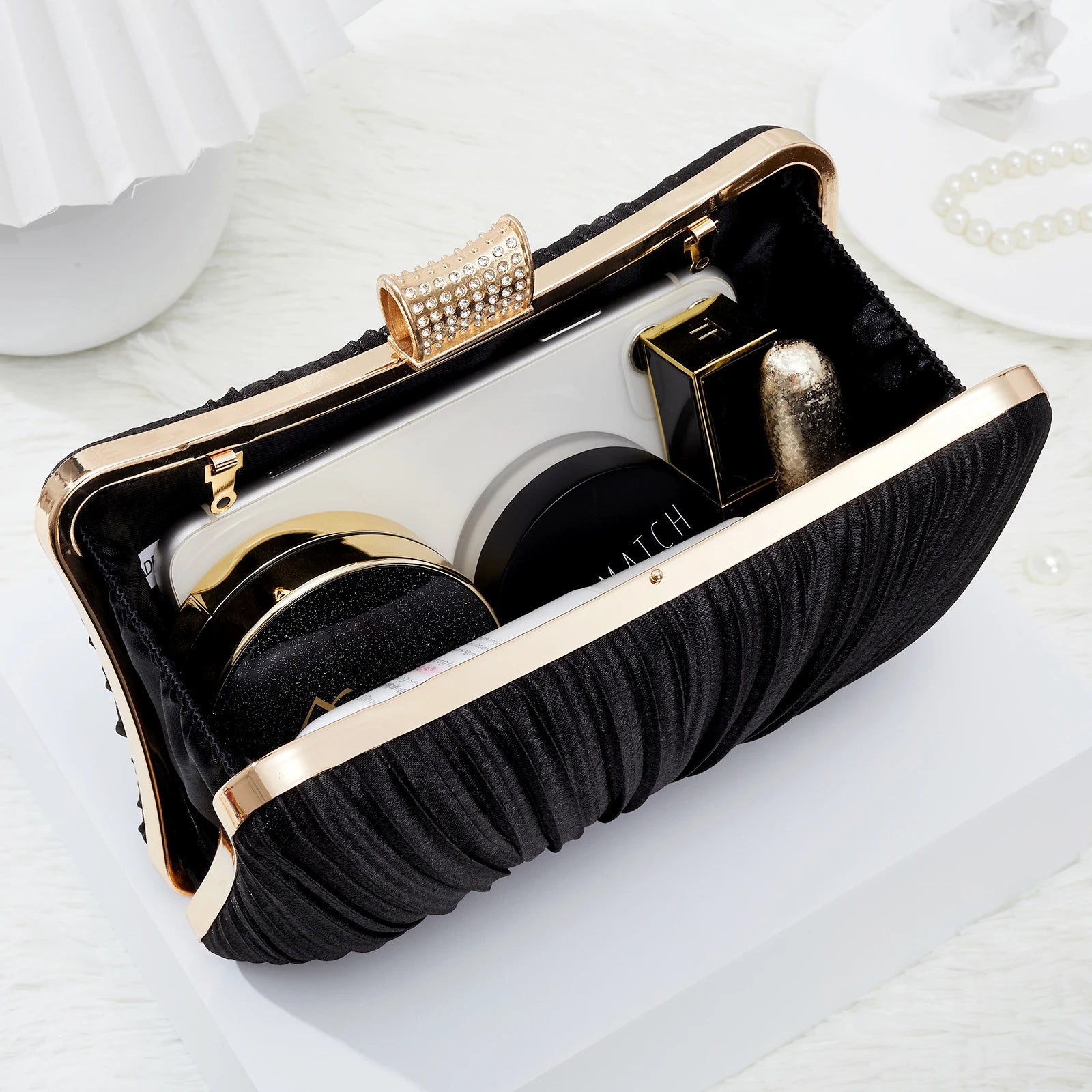 Classic Elegant Ladies Pleated Evening Clutch Bag Bling Rhinestone Buckle Formal Party Purse For Women Wedding Dinner Handbag